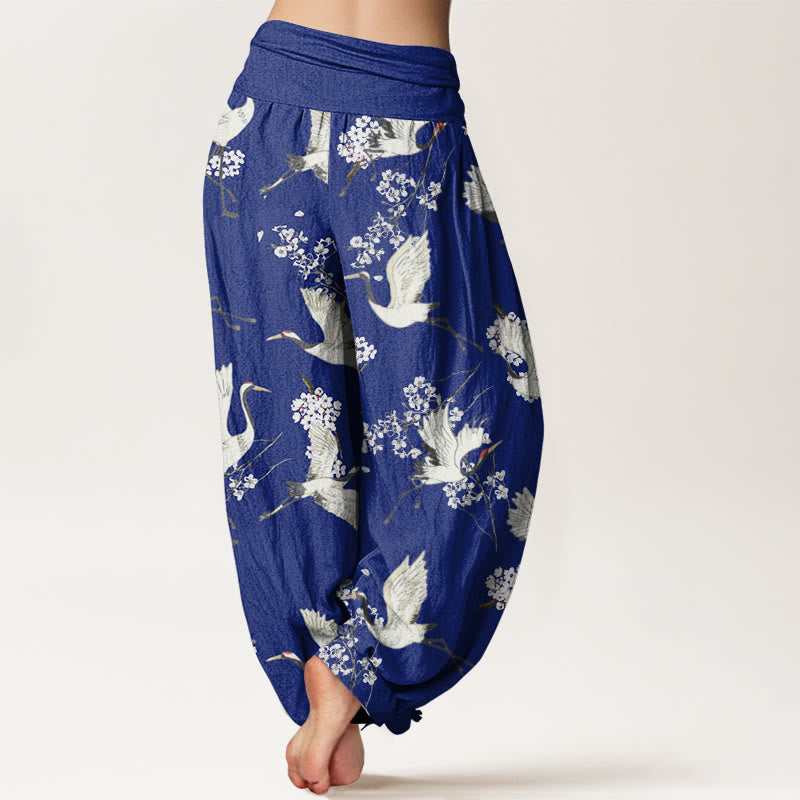 Buddha Stones Lässige, elegante Haremshose mit Kranich-Blumenmuster für Damen, elastische Taille - image 7