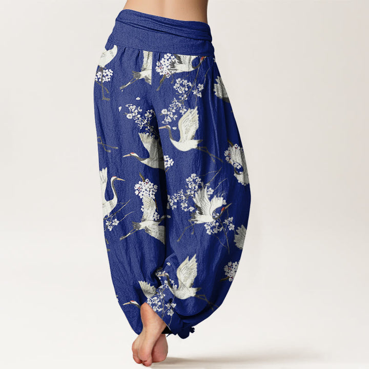 Buddha Stones Lässige, elegante Haremshose mit Kranich-Blumenmuster für Damen, elastische Taille - image 7