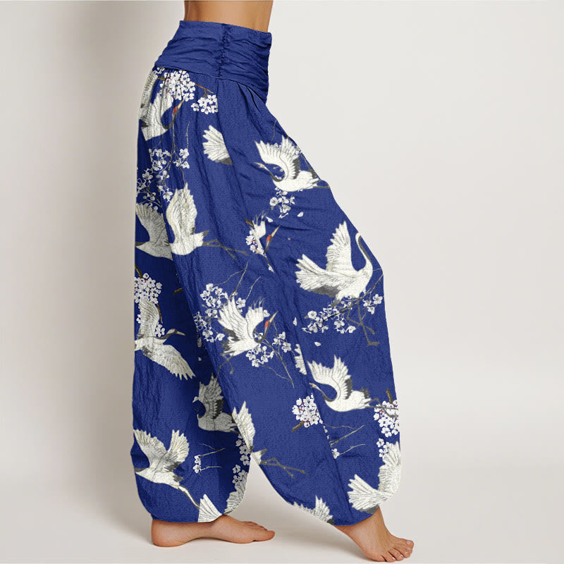 Buddha Stones Lässige, elegante Haremshose mit Kranich-Blumenmuster für Damen, elastische Taille - image 6