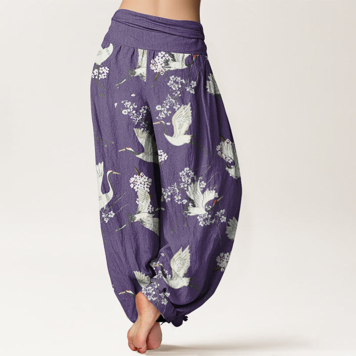 Buddha Stones Lässige, elegante Haremshose mit Kranich-Blumenmuster für Damen, elastische Taille - image 10