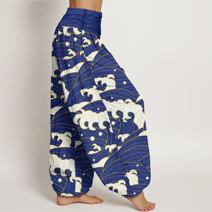 Buddha Stones Lässige Haremshose mit abstraktem Wellenmuster für Damen mit elastischer Taille - image 9