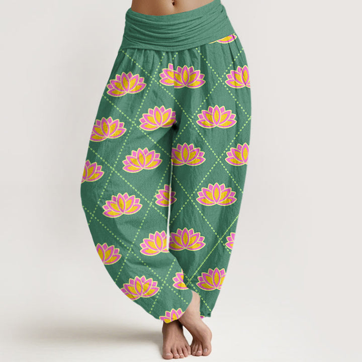 Buddha Stones Lässige Haremshose mit leuchtendem Lotusblumenmuster für Damen, elastische Taille - MittelMeergrün - US22, UK/AU26,EU54 (6XL) - image 1