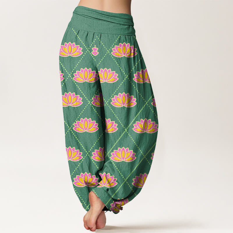 Buddha Stones Lässige Haremshose mit leuchtendem Lotusblumenmuster für Damen, elastische Taille - image 3