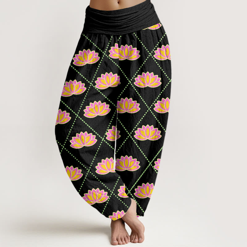 Buddha Stones Lässige Haremshose mit leuchtendem Lotusblumenmuster für Damen, elastische Taille - Schwarz - US22, UK/AU26,EU54 (6XL) - image 5