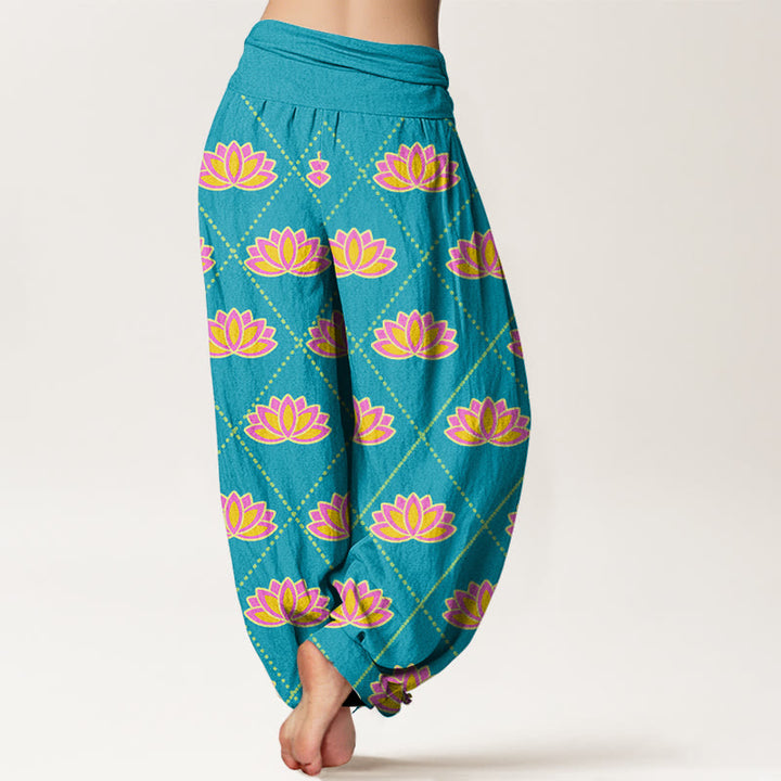 Buddha Stones Lässige Haremshose mit leuchtendem Lotusblumenmuster für Damen, elastische Taille - image 10