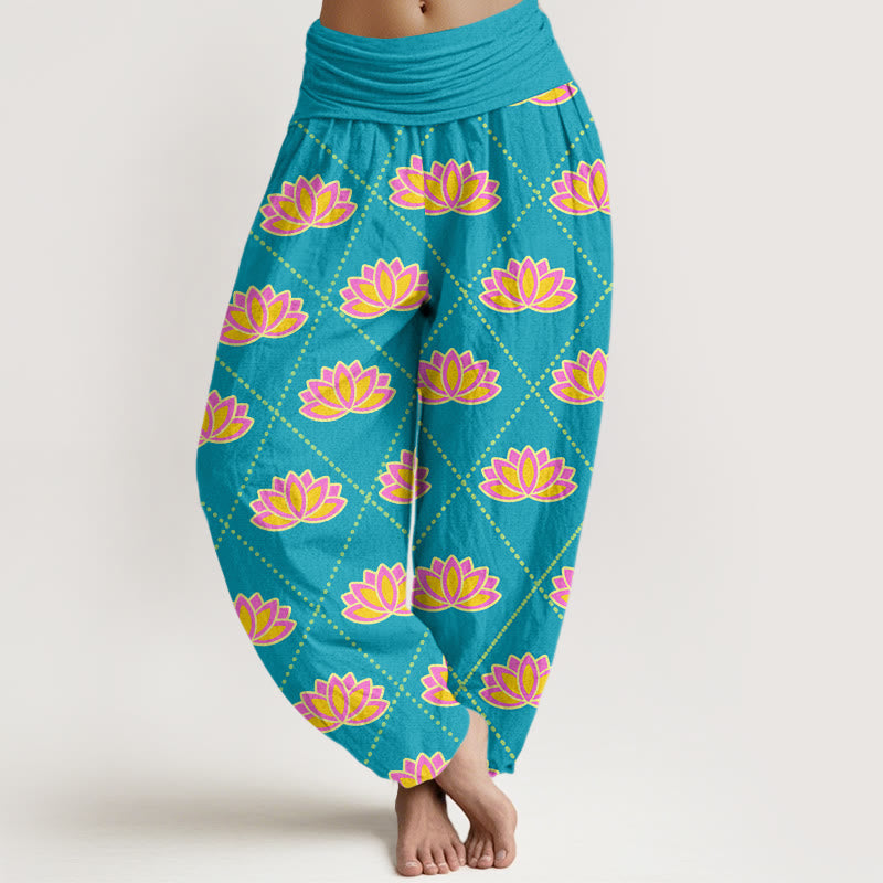 Buddha Stones Lässige Haremshose mit leuchtendem Lotusblumenmuster für Damen, elastische Taille - DeepSkyBlue - US22, UK/AU26,EU54 (6XL) - image 8