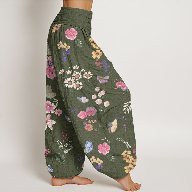 Buddha Stones Lässige Haremshose mit buntem Blumen- und Schmetterlingsmuster für Damen, elastische Taille - image 6