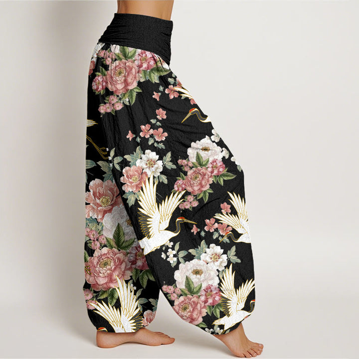 Buddha Stones Lässige Kraniche Blühende Pfingstrosenmuster Damen Haremshose mit elastischer Taille - image 2