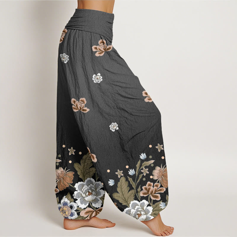 Buddha Stones Lässige Haremshose mit blühendem Blumenmuster für Damen, elastische Taille - image 9