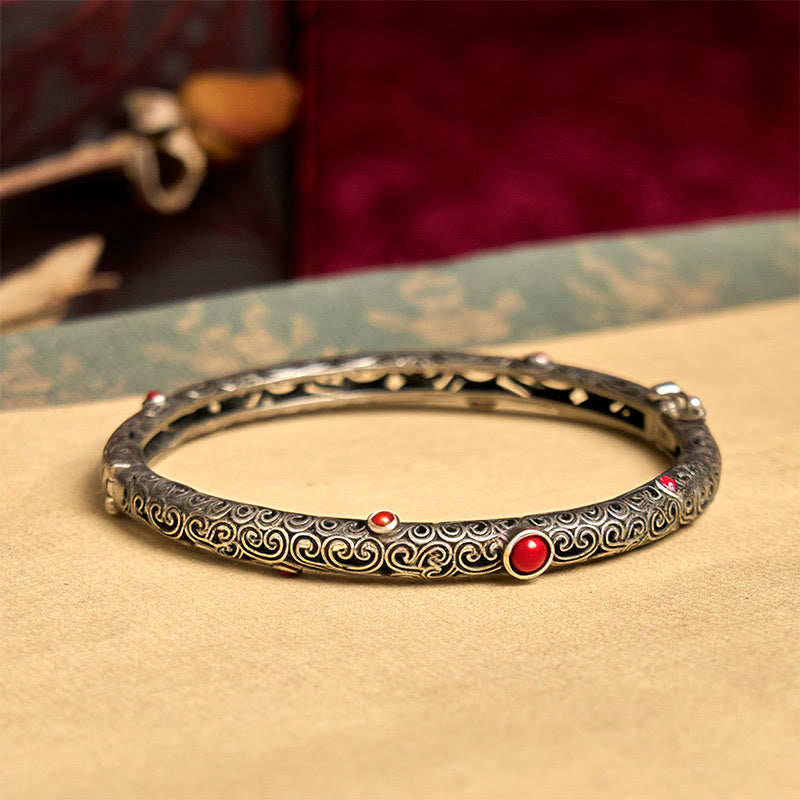 Vintage Tang-Dynastie-Blumendesign, gravierter roter Achat-Kupfer-Glücksarmband-Armreif