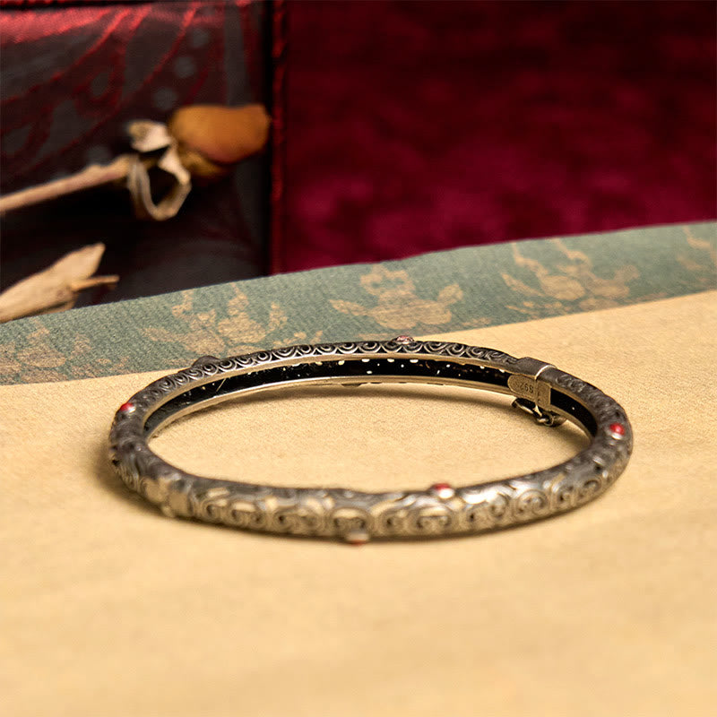 Vintage Tang-Dynastie-Blumendesign, gravierter roter Achat-Kupfer-Glücksarmband-Armreif