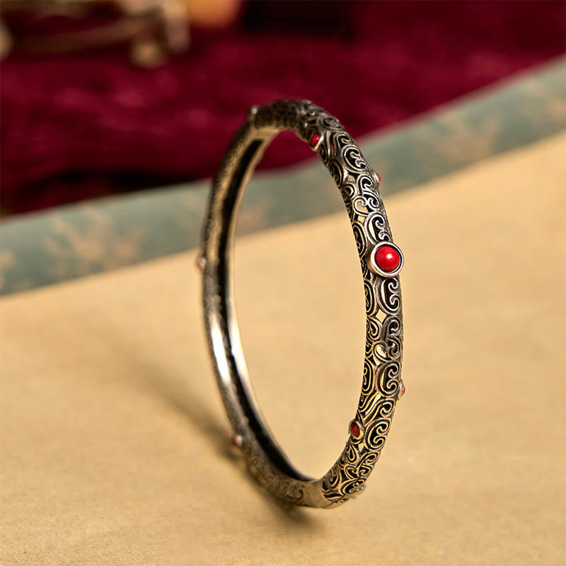 Vintage Tang-Dynastie-Blumendesign, gravierter roter Achat-Kupfer-Glücksarmband-Armreif