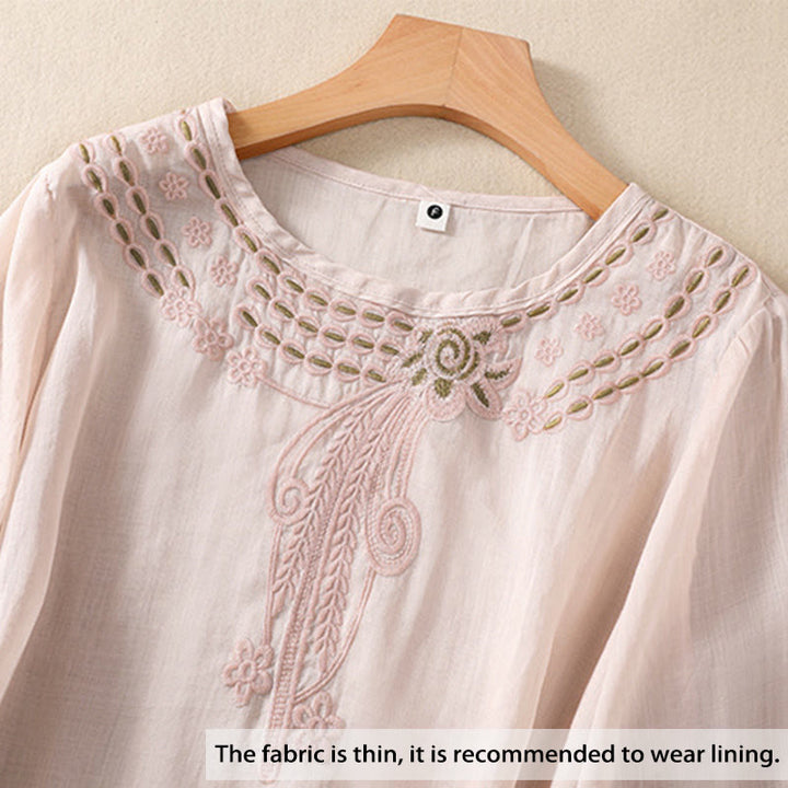 Buddha Stones Damen-Hemd aus Baumwollleinen mit Rundhalsausschnitt und Hohldesign, halblange Ärmel