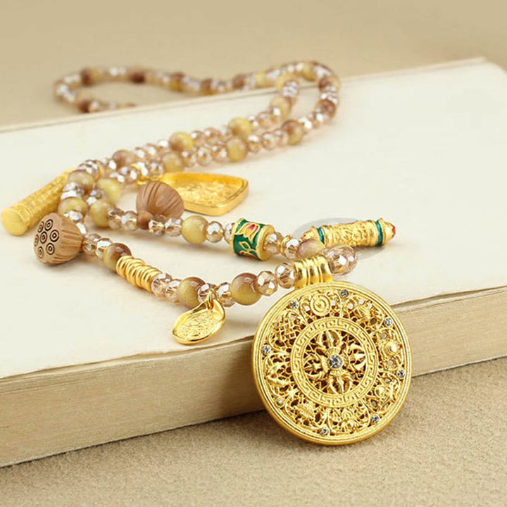 Buddha Stones Tibetischer Lotus Runde Platte Golden Tiger Eye Perlen Halskette Anhänger - Acht Schätze, runder Teller - image 1