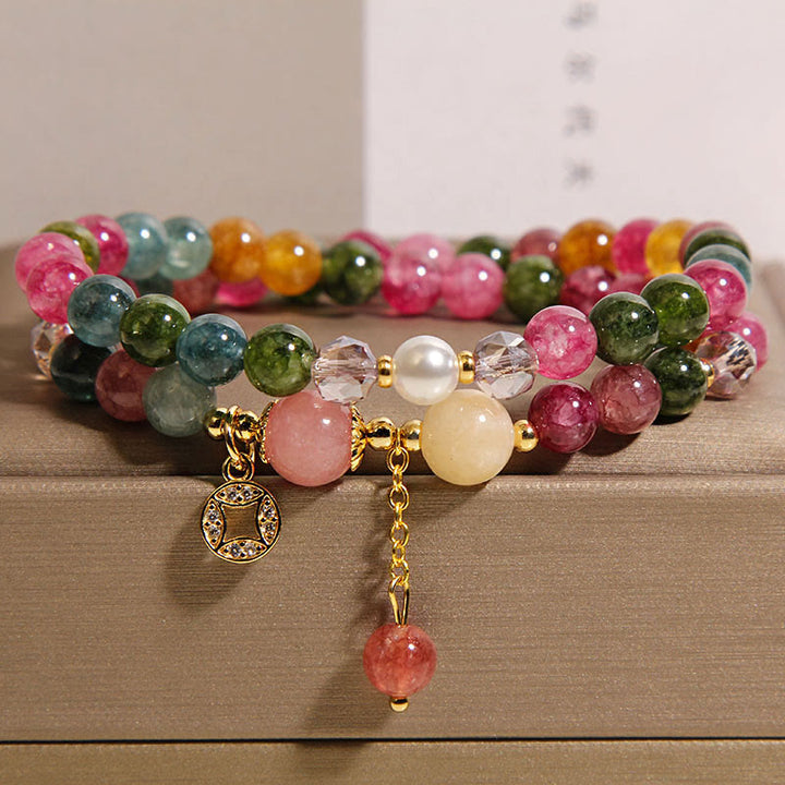 Buddha Stones Turmalin Lila Jade Aquamarin Jade Kupfer Münze Positive Doppel Wickelarmband - Turmalin (Handgelenkumfang: 14–15 cm) - image 1