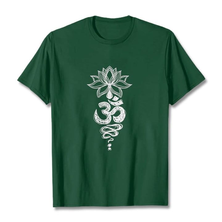 Buddha Stones Om Sanskrit Lotusblumenmuster Meditation Baumwoll-T-Shirt - WaldGrün - 2XL - image 1