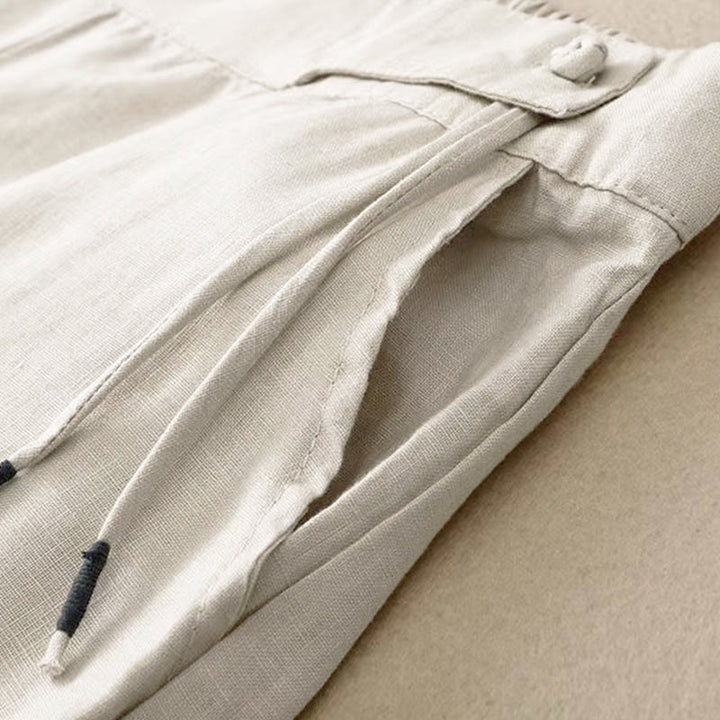 Buddha Stones Lässige, einfarbige Damenhose aus Baumwolle mit weitem Bein und einem Knopf und Taschen - image 20