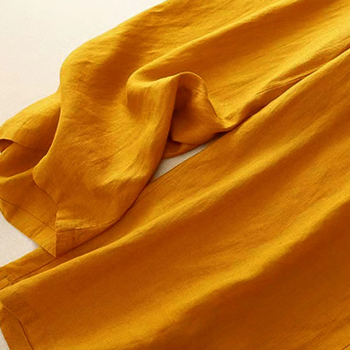 Buddha Stones Lässige, einfarbige Damenhose aus Baumwolle mit weitem Bein und einem Knopf und Taschen - image 5