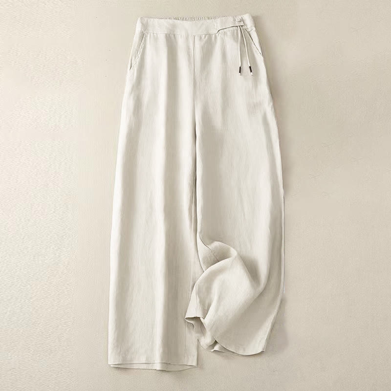 Buddha Stones Lässige, einfarbige Damenhose aus Baumwolle mit weitem Bein und einem Knopf und Taschen - Beige - US12, UK/AU16,EU44 (3XL) - image 12