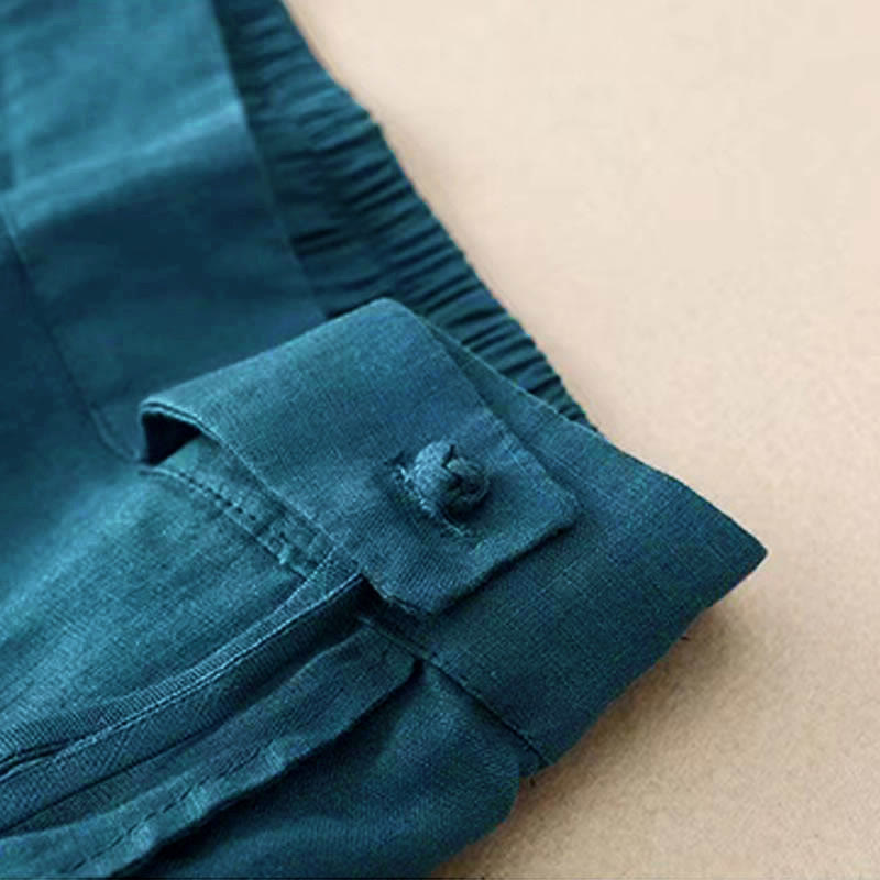 Buddha Stones Lässige, einfarbige Damenhose aus Baumwolle mit weitem Bein und einem Knopf und Taschen - image 27