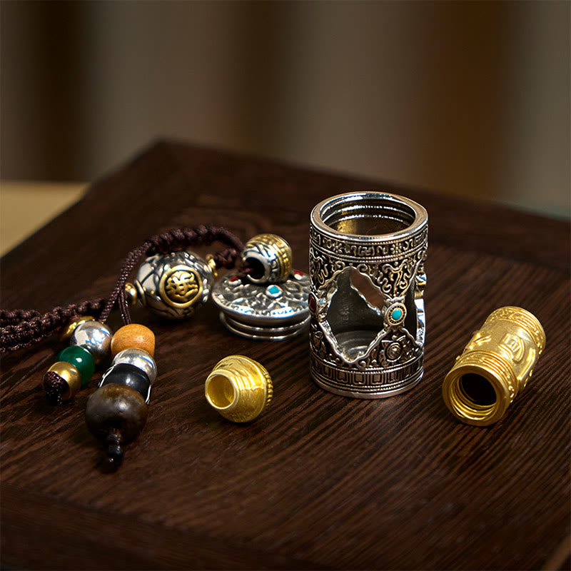 Buddha Stones Om Mani Padme Hum Ghau Gebetsbox Kupfer vergoldet Silber Glück Schlüsselanhänger - image 8
