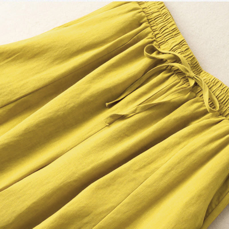 Buddha Stones Caprihose, einfarbig, Länge 7–8, Baumwolle, Leinen, Damenhose mit weitem Bein und Taschen - image 2