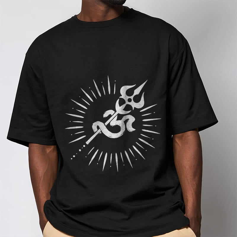 Buddha Stones Casual Om Symbol Dreizack Strahlende Linien Muster Baumwolle T-shirt - image 2