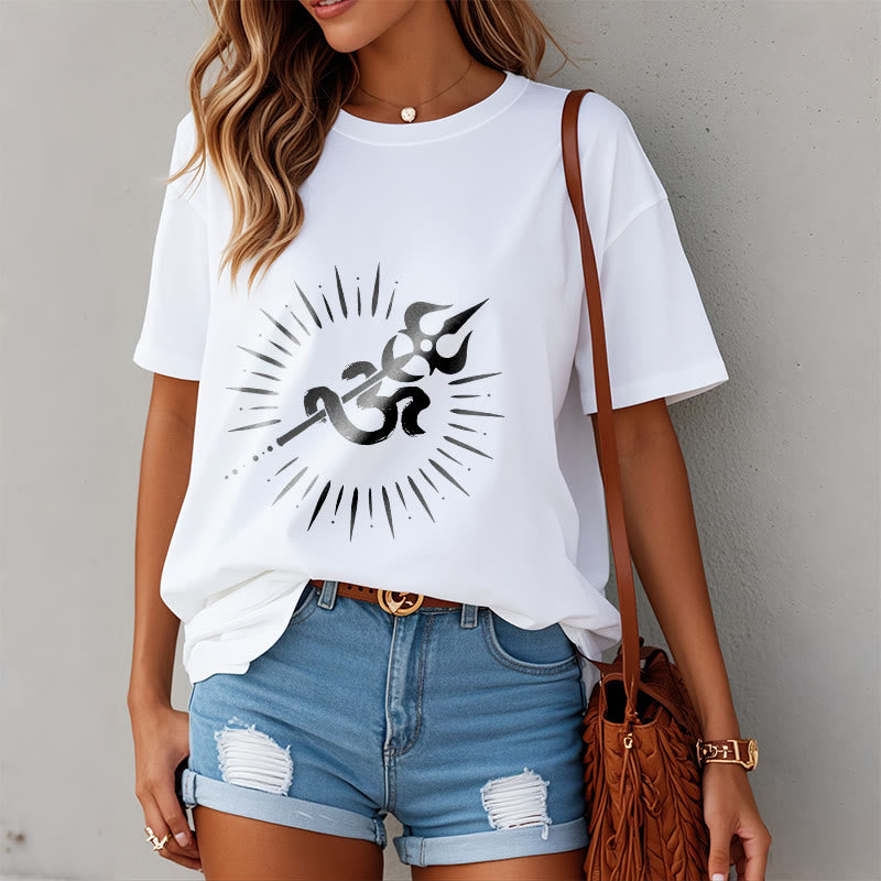 Buddha Stones Casual Om Symbol Dreizack Strahlende Linien Muster Baumwolle T-shirt - image 8