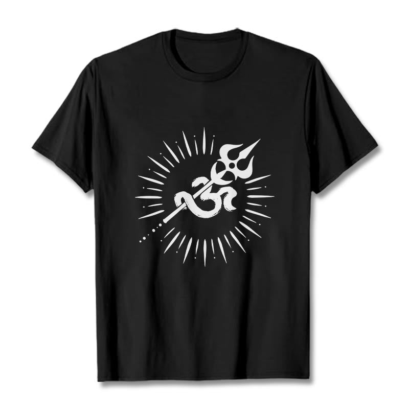 Buddha Stones Casual Om Symbol Dreizack Strahlende Linien Muster Baumwolle T-shirt - Schwarz - 2XL - image 1