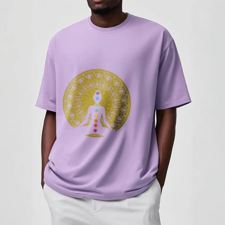 Buddha Stones Lässiges, buntes Chakra-Symbol, goldenes, meditatives Figurenmuster, Baumwoll-T-Shirt - image 18