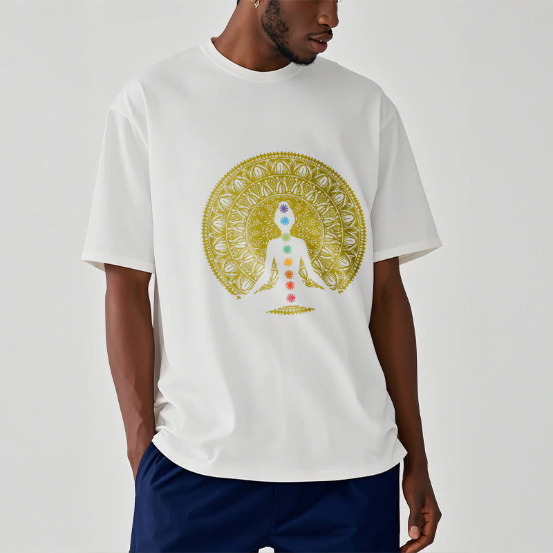 Buddha Stones Lässiges, buntes Chakra-Symbol, goldenes, meditatives Figurenmuster, Baumwoll-T-Shirt - image 7