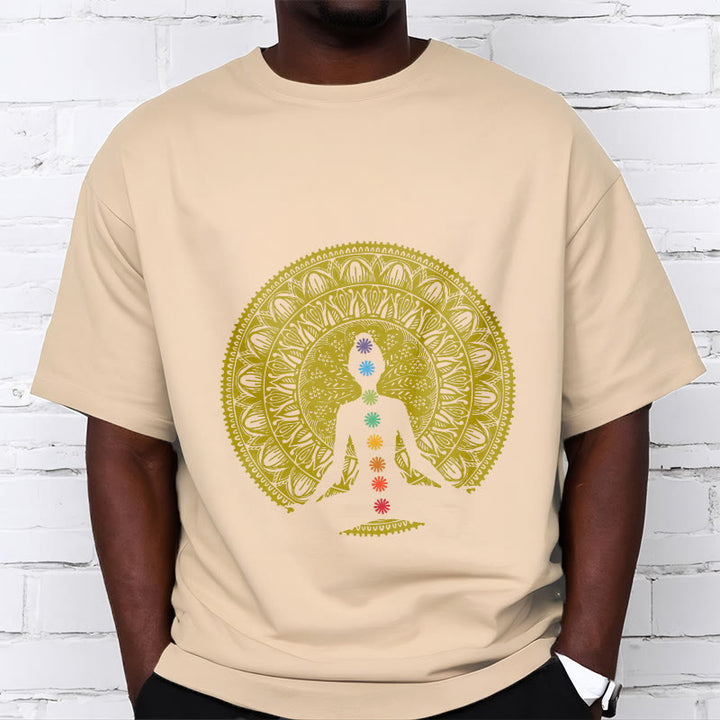 Buddha Stones Lässiges, buntes Chakra-Symbol, goldenes, meditatives Figurenmuster, Baumwoll-T-Shirt - image 10