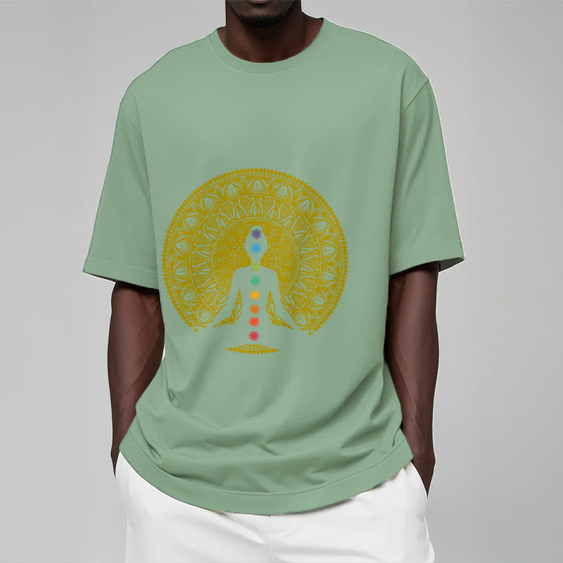 Buddha Stones Lässiges, buntes Chakra-Symbol, goldenes, meditatives Figurenmuster, Baumwoll-T-Shirt - image 16