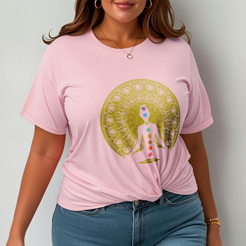 Buddha Stones Lässiges, buntes Chakra-Symbol, goldenes, meditatives Figurenmuster, Baumwoll-T-Shirt - image 14