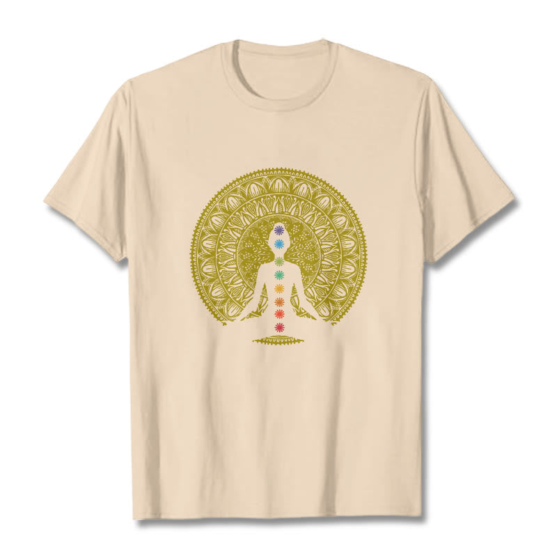 Buddha Stones Lässiges, buntes Chakra-Symbol, goldenes, meditatives Figurenmuster, Baumwoll-T-Shirt - Bisque - 2XL - image 9