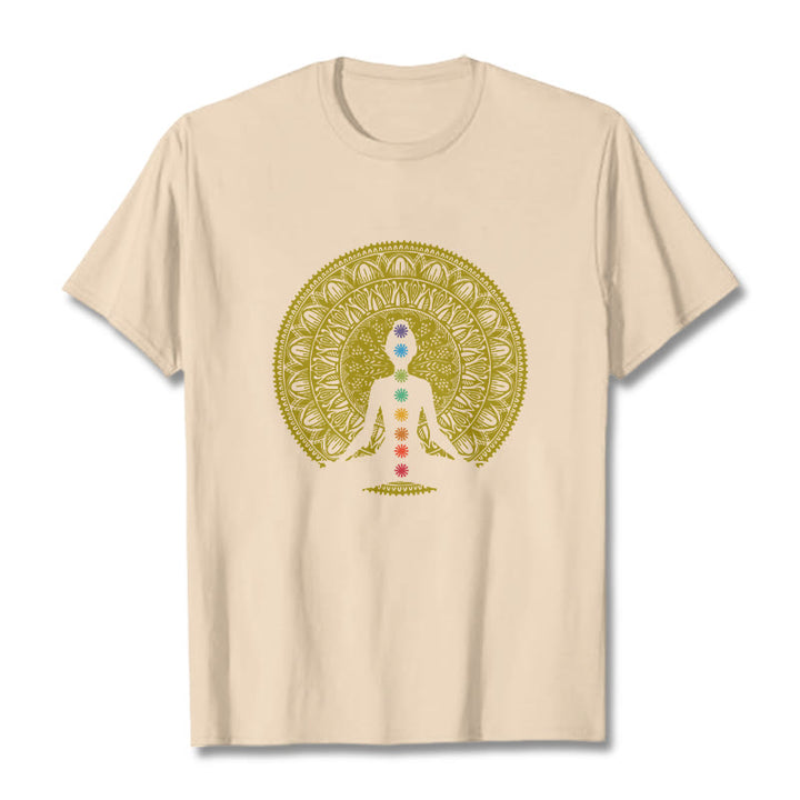 Buddha Stones Lässiges, buntes Chakra-Symbol, goldenes, meditatives Figurenmuster, Baumwoll-T-Shirt - Bisque - 2XL - image 9