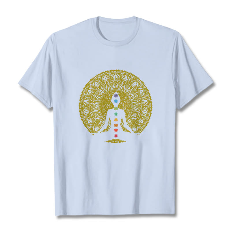 Buddha Stones Lässiges, buntes Chakra-Symbol, goldenes, meditatives Figurenmuster, Baumwoll-T-Shirt - HellCyan - 2XL - image 19