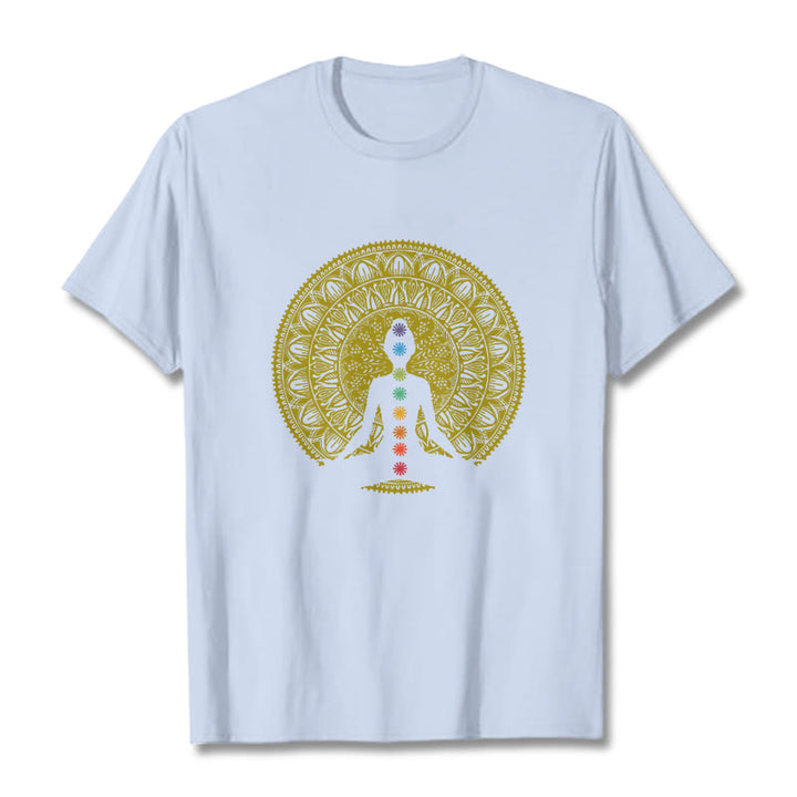 Buddha Stones Lässiges, buntes Chakra-Symbol, goldenes, meditatives Figurenmuster, Baumwoll-T-Shirt - HellCyan - 2XL - image 19