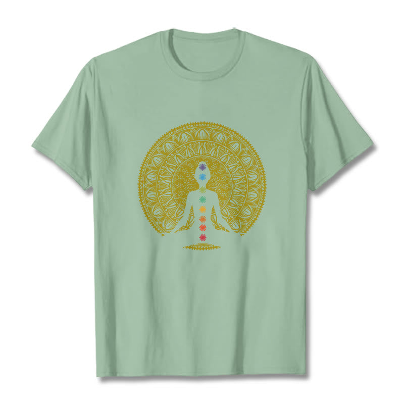 Buddha Stones Lässiges, buntes Chakra-Symbol, goldenes, meditatives Figurenmuster, Baumwoll-T-Shirt - Blassgrün - 2XL - image 15