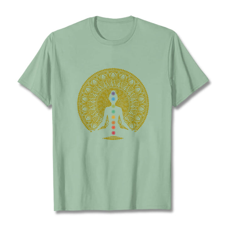 Buddha Stones Lässiges, buntes Chakra-Symbol, goldenes, meditatives Figurenmuster, Baumwoll-T-Shirt - Blassgrün - 2XL - image 15