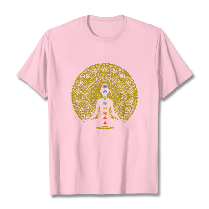 Buddha Stones Lässiges, buntes Chakra-Symbol, goldenes, meditatives Figurenmuster, Baumwoll-T-Shirt - Hellrosa - 2XL - image 13