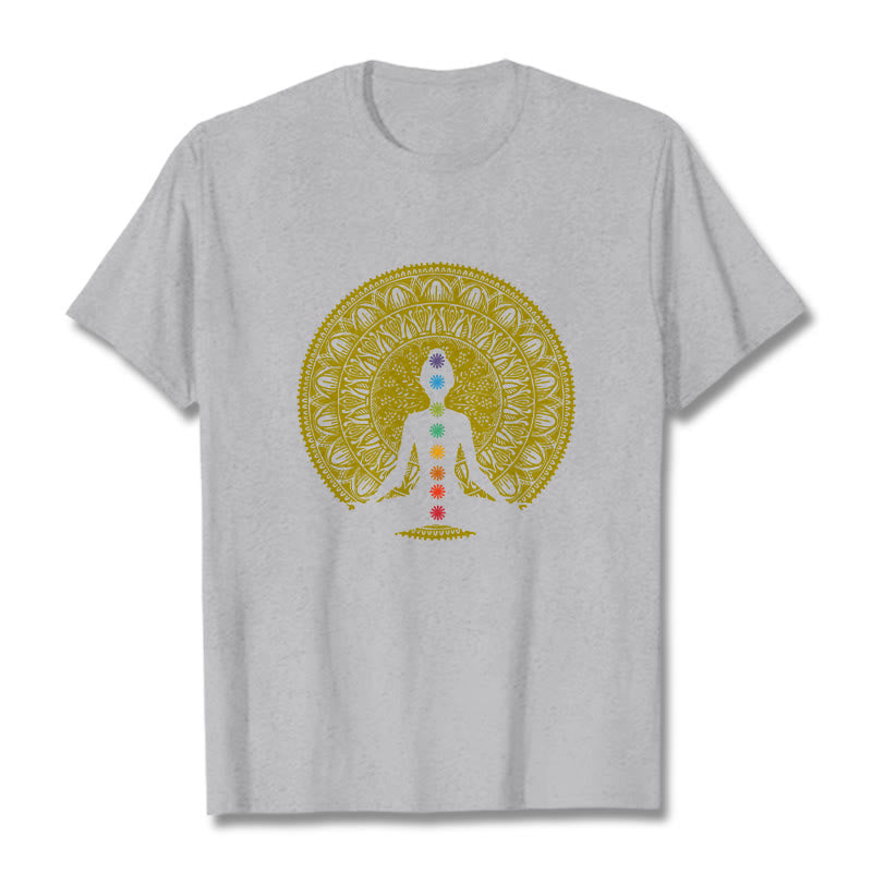 Buddha Stones Lässiges, buntes Chakra-Symbol, goldenes, meditatives Figurenmuster, Baumwoll-T-Shirt - Hellgrau - 2XL - image 20