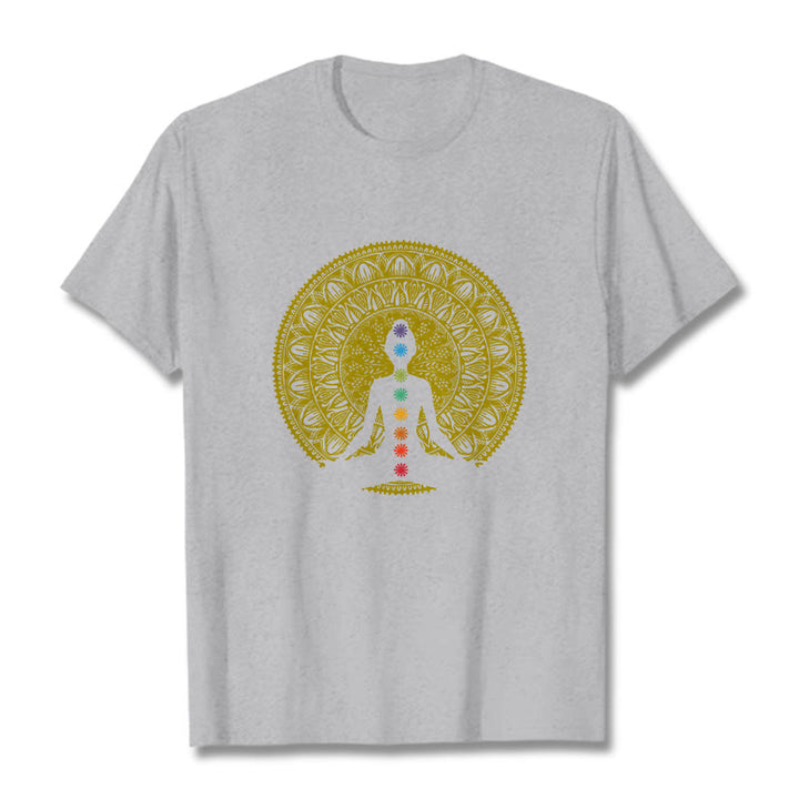 Buddha Stones Lässiges, buntes Chakra-Symbol, goldenes, meditatives Figurenmuster, Baumwoll-T-Shirt - Hellgrau - 2XL - image 20