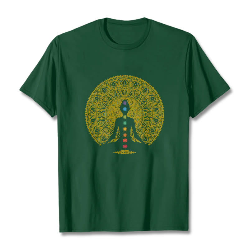 Buddha Stones Lässiges, buntes Chakra-Symbol, goldenes, meditatives Figurenmuster, Baumwoll-T-Shirt - WaldGrün - 2XL - image 11