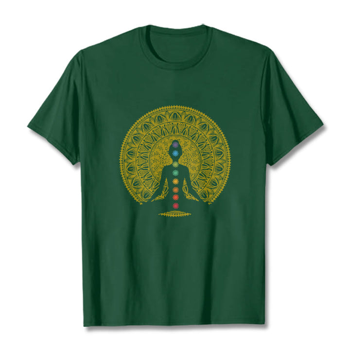 Buddha Stones Lässiges, buntes Chakra-Symbol, goldenes, meditatives Figurenmuster, Baumwoll-T-Shirt - WaldGrün - 2XL - image 11