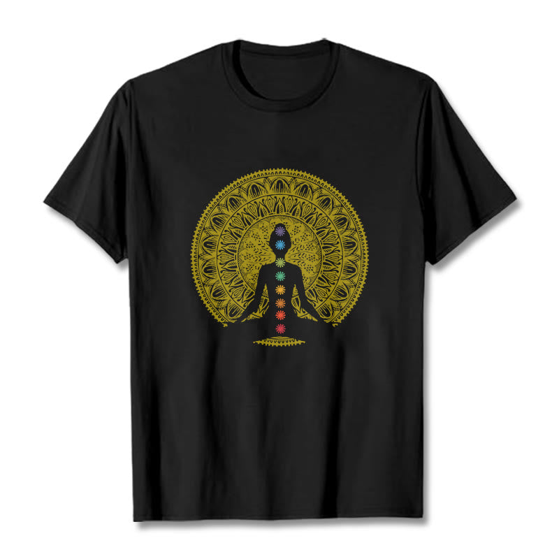 Buddha Stones Lässiges, buntes Chakra-Symbol, goldenes, meditatives Figurenmuster, Baumwoll-T-Shirt - Schwarz - 2XL - image 1