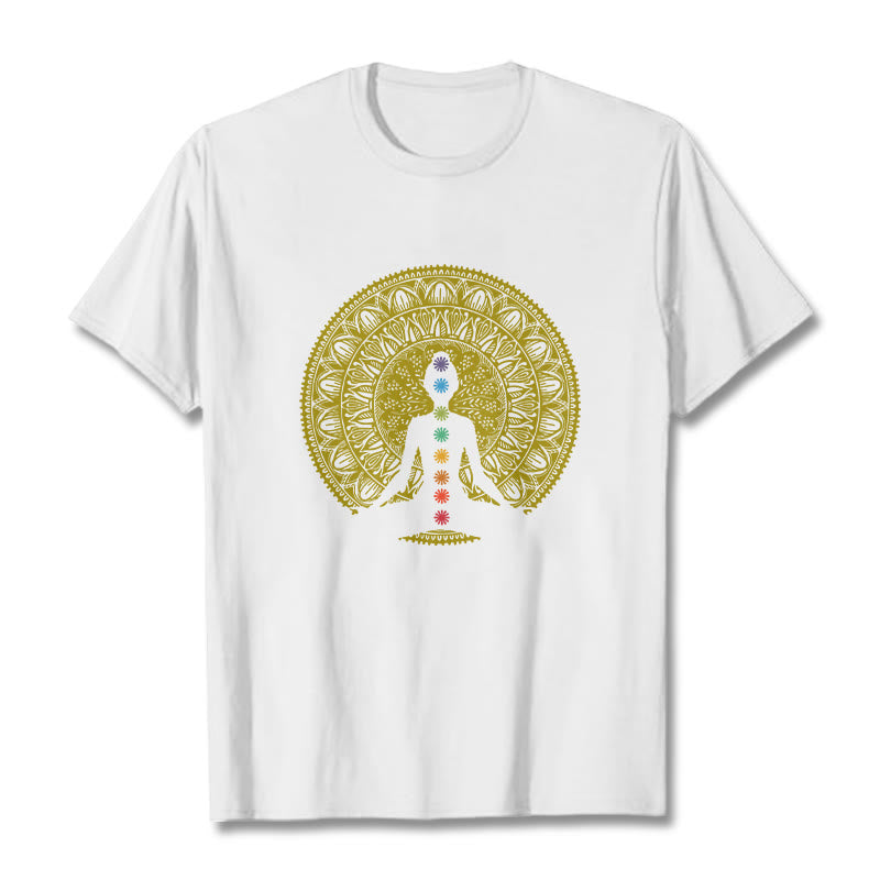 Buddha Stones Lässiges, buntes Chakra-Symbol, goldenes, meditatives Figurenmuster, Baumwoll-T-Shirt - Weiß - 2XL - image 6