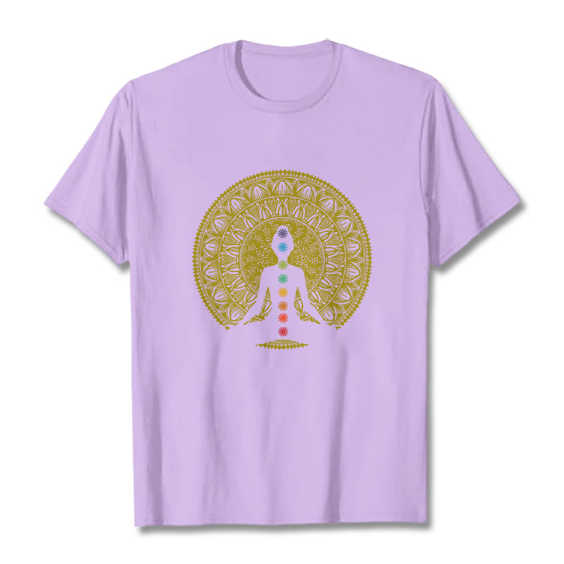 Buddha Stones Lässiges, buntes Chakra-Symbol, goldenes, meditatives Figurenmuster, Baumwoll-T-Shirt - Pflaume - 2XL - image 17