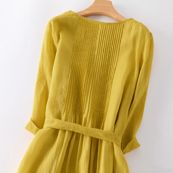 Buddha Stones Lässiges Midikleid aus Baumwolle mit Schnürung, Rundhalsausschnitt, halblangen Ärmeln und Taschen - image 8