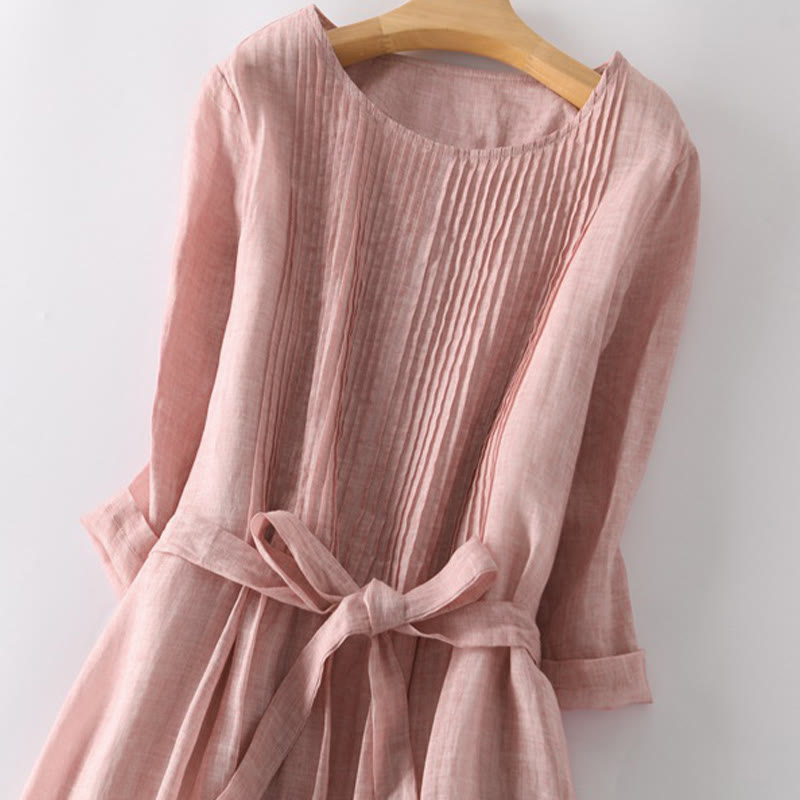 Buddha Stones Lässiges Midikleid aus Baumwolle mit Schnürung, Rundhalsausschnitt, halblangen Ärmeln und Taschen - image 2